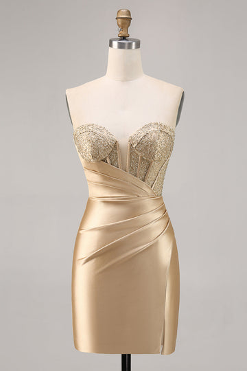 Sparkly Golden Corset Bodycon Short Satin Cocktail Dress